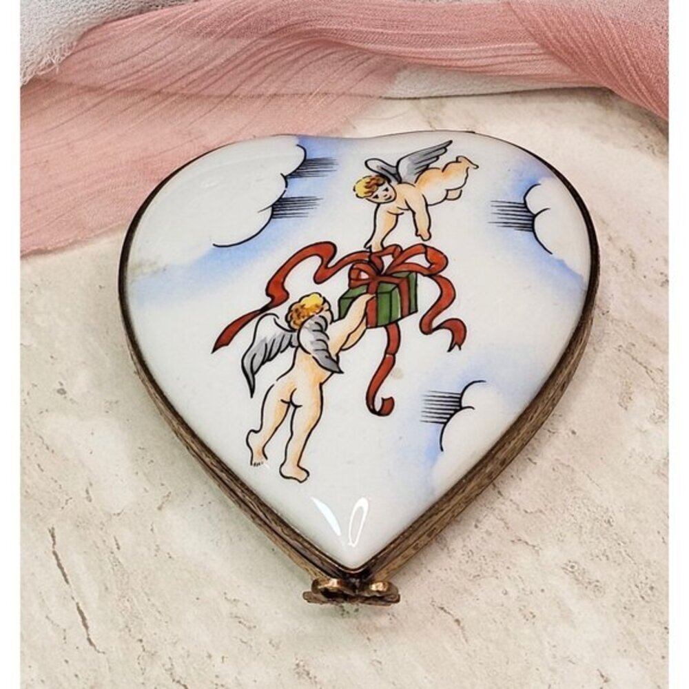 Heart-Shaped Limoges Trinket Box With Cherub Design & Ribbon Accents Fro…